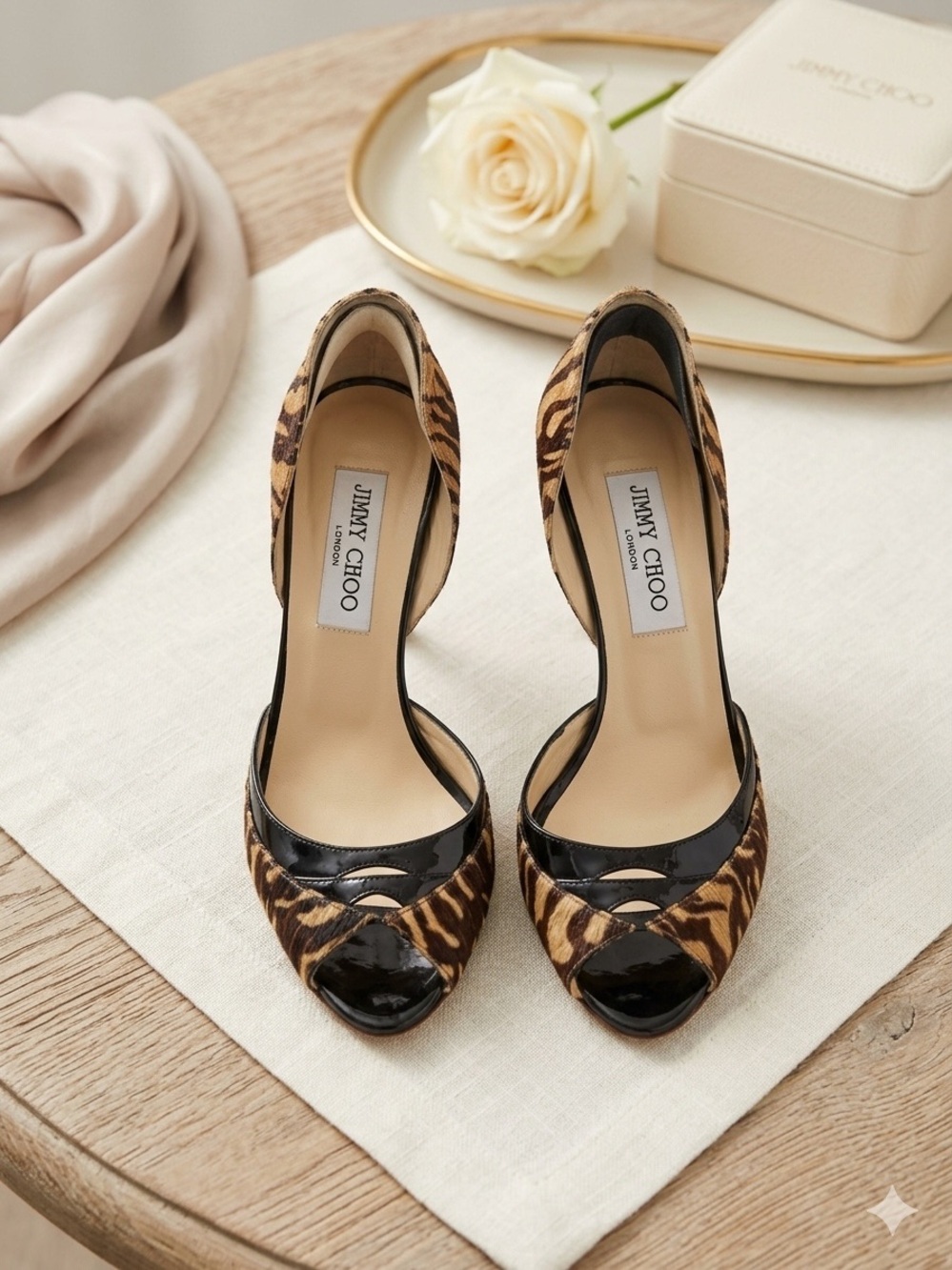Jimmy Choo D'Orsay Animal Print Snake Stripe Peep Toe Heels 37.5 US 7.5 Worn 2x